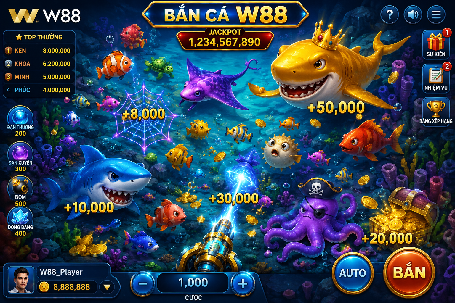 Giao diện bắn cá W88 với các loài cá và boss khủng