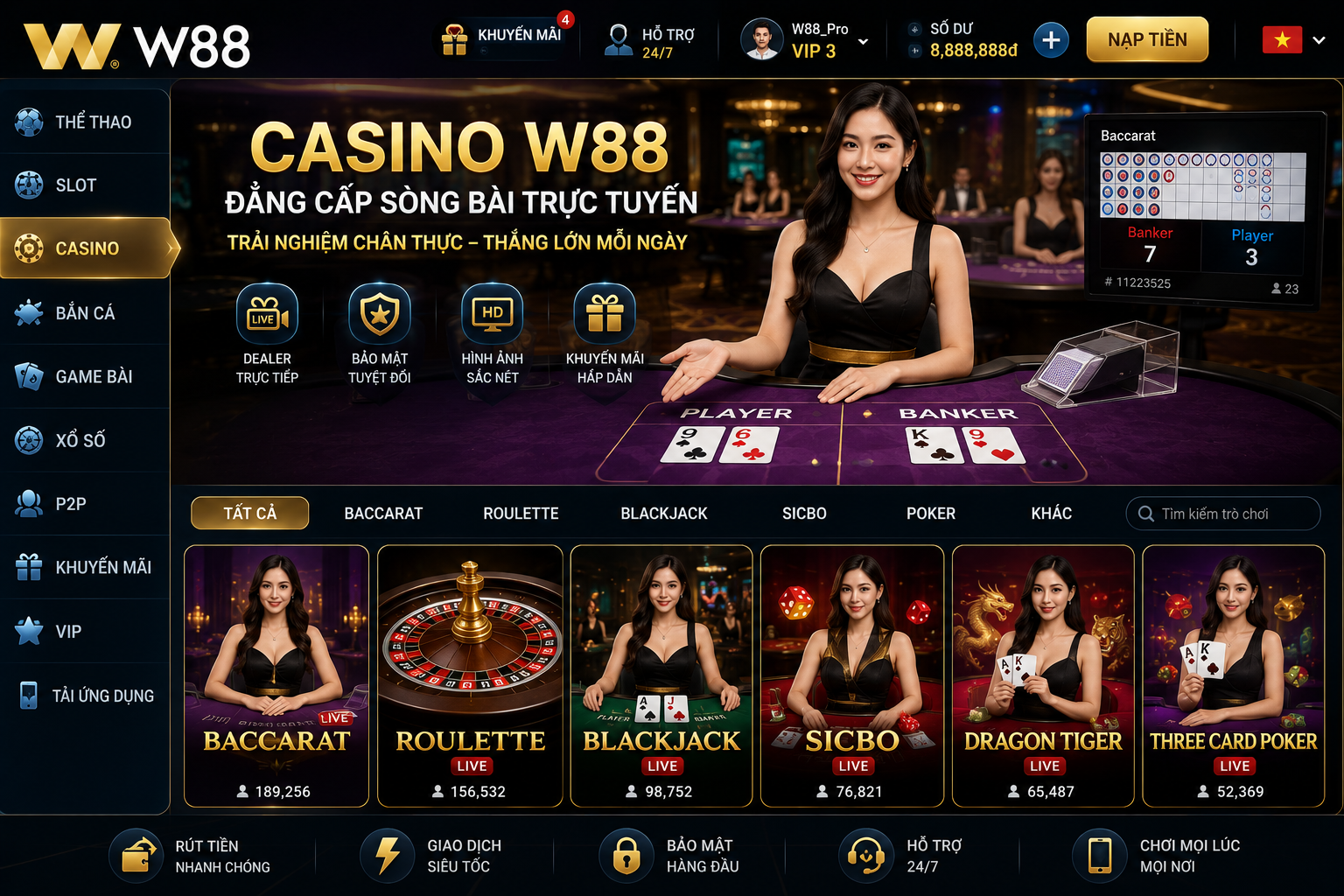 Giao diện Casino W88 với dealer trực tiếp và các bàn chơi nổi bật