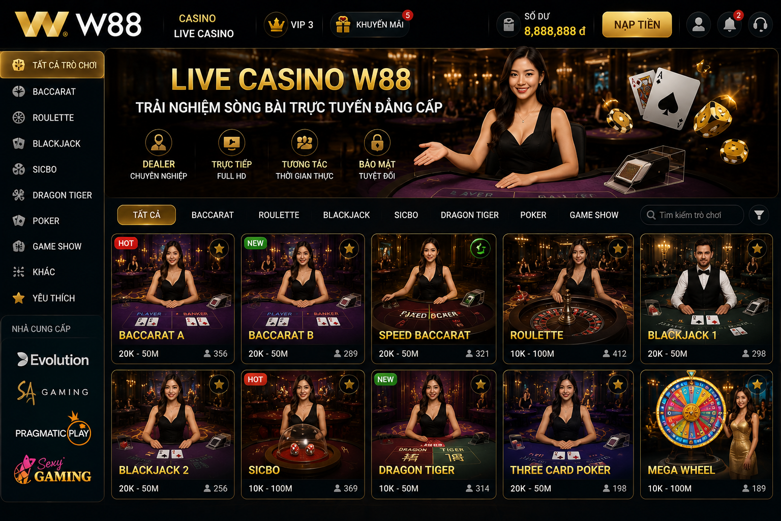 Người chơi tham gia nhiều bàn casino trực tuyến tại W88