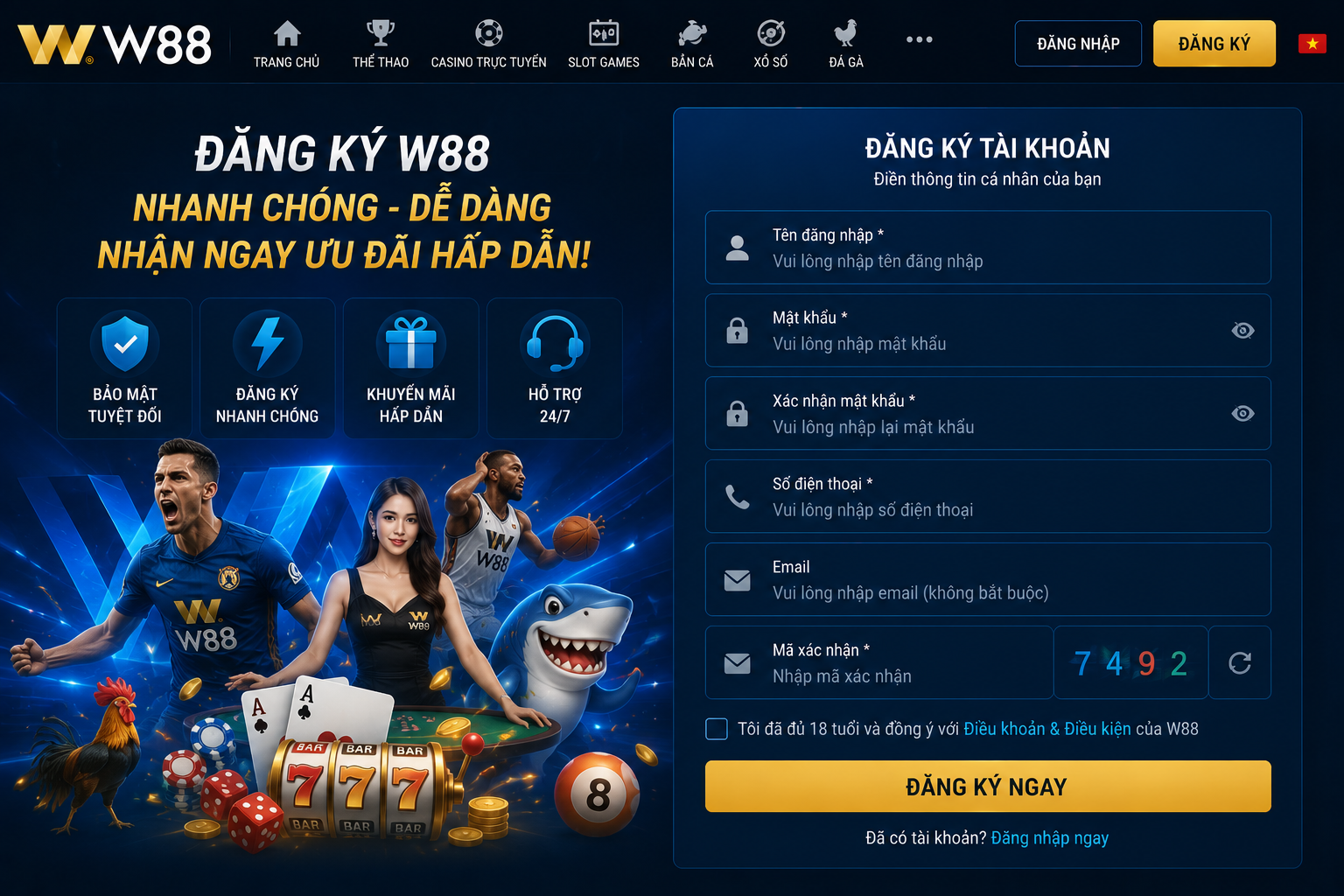 Giao diện trang đăng ký W88 trên máy tính