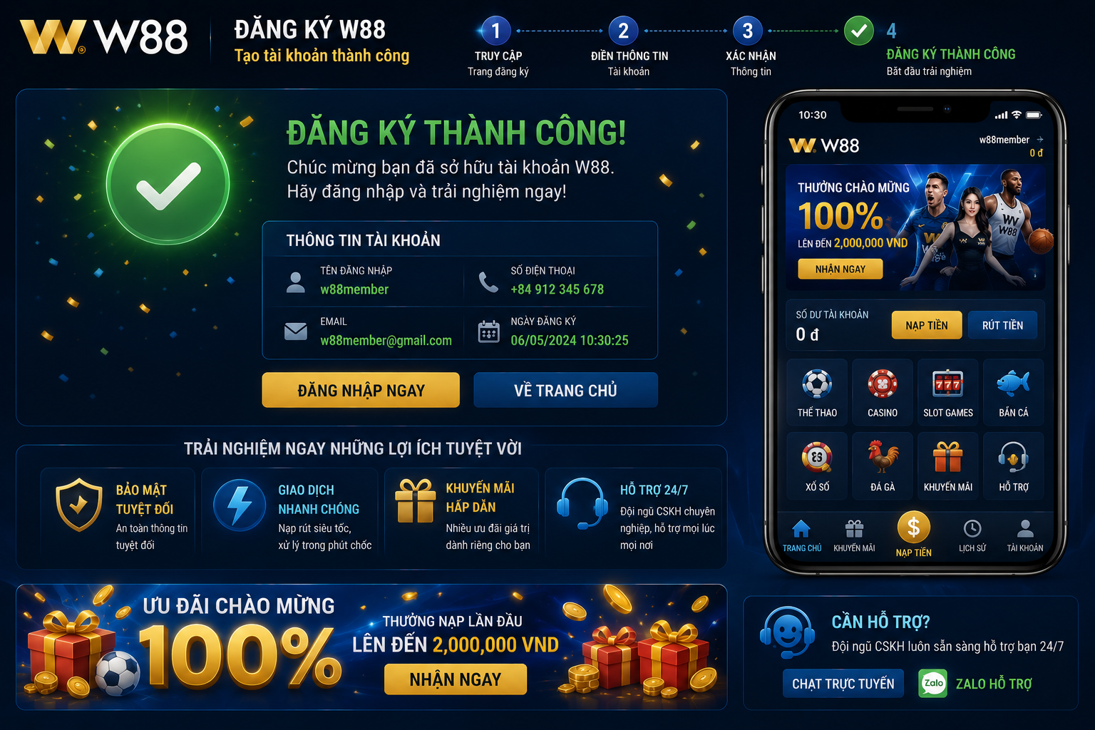 Người chơi hoàn tất đăng ký W88 thành công trên điện thoại