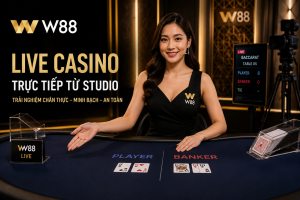 Dealer đang điều hành bàn Live Casino trực tiếp trong studio chuyên nghiệp