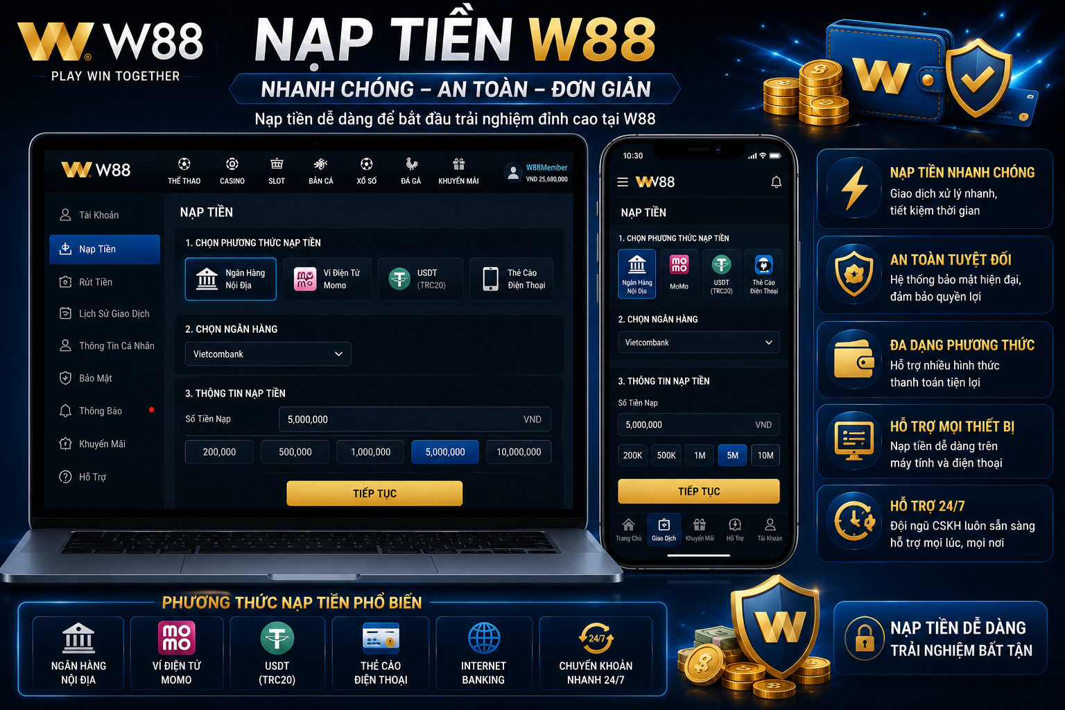 Giao diện nạp tiền W88 trên điện thoại và máy tính