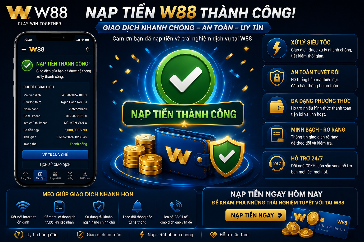 Người dùng thực hiện nạp tiền thành công tại W88