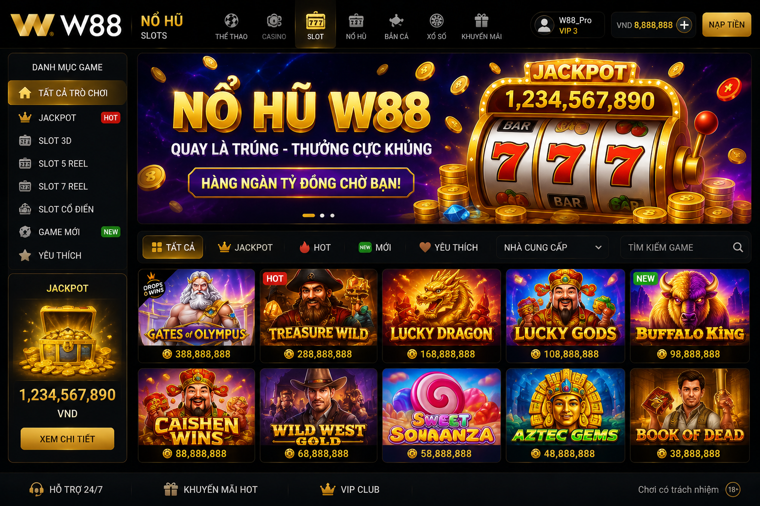 Giao diện chuyên mục nổ hũ W88 với nhiều game slot nổi bật