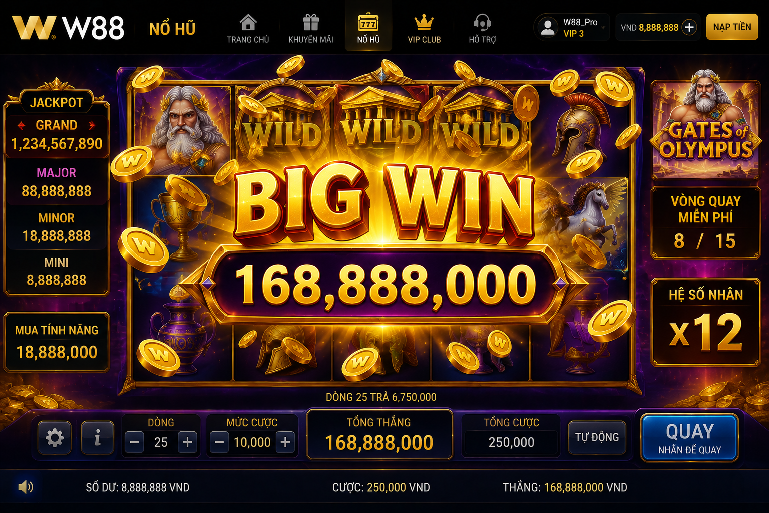 Hiệu ứng jackpot lớn xuất hiện trong game nổ hũ W88