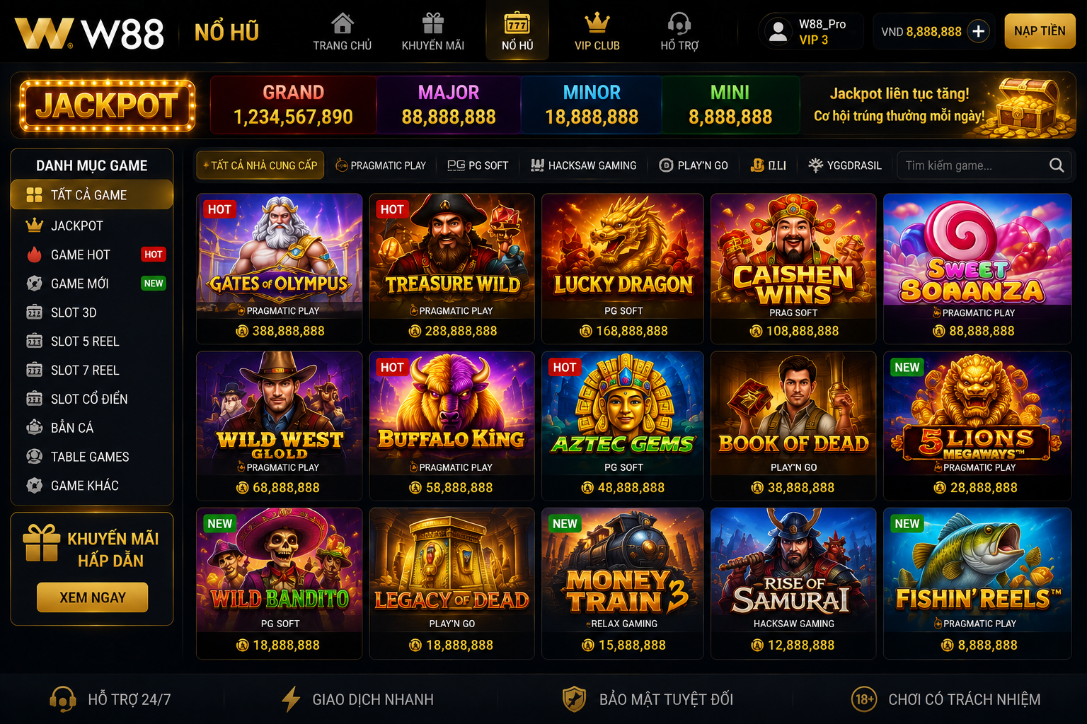 Danh sách các game slot jackpot nổi bật tại W88