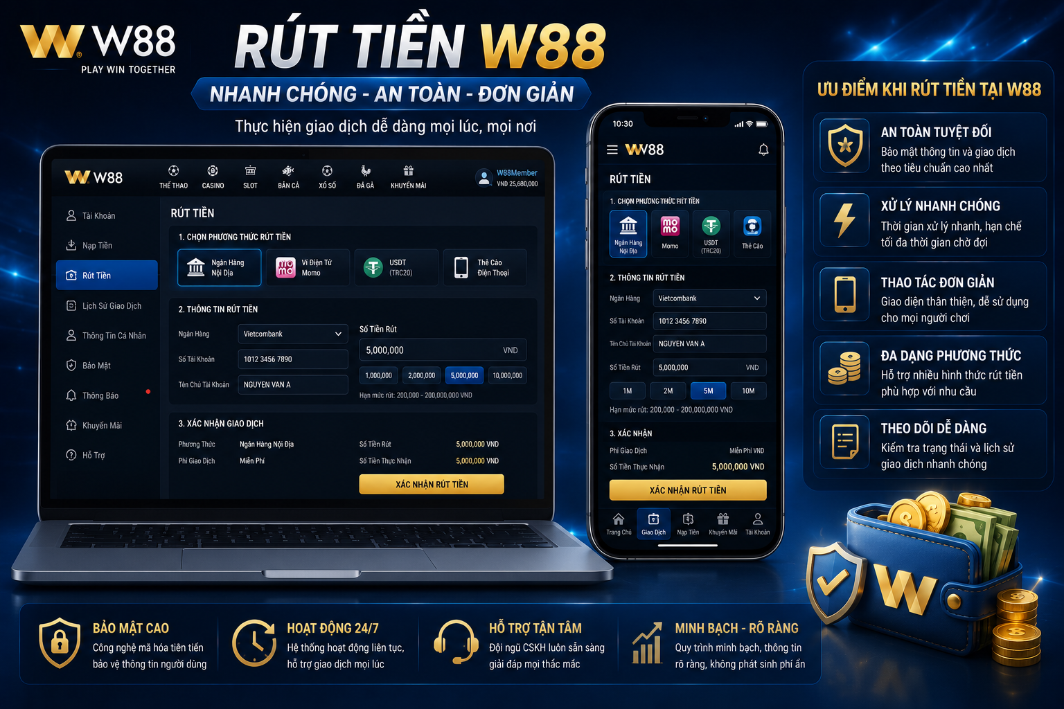 Giao diện mục rút tiền W88 trên điện thoại và máy tính