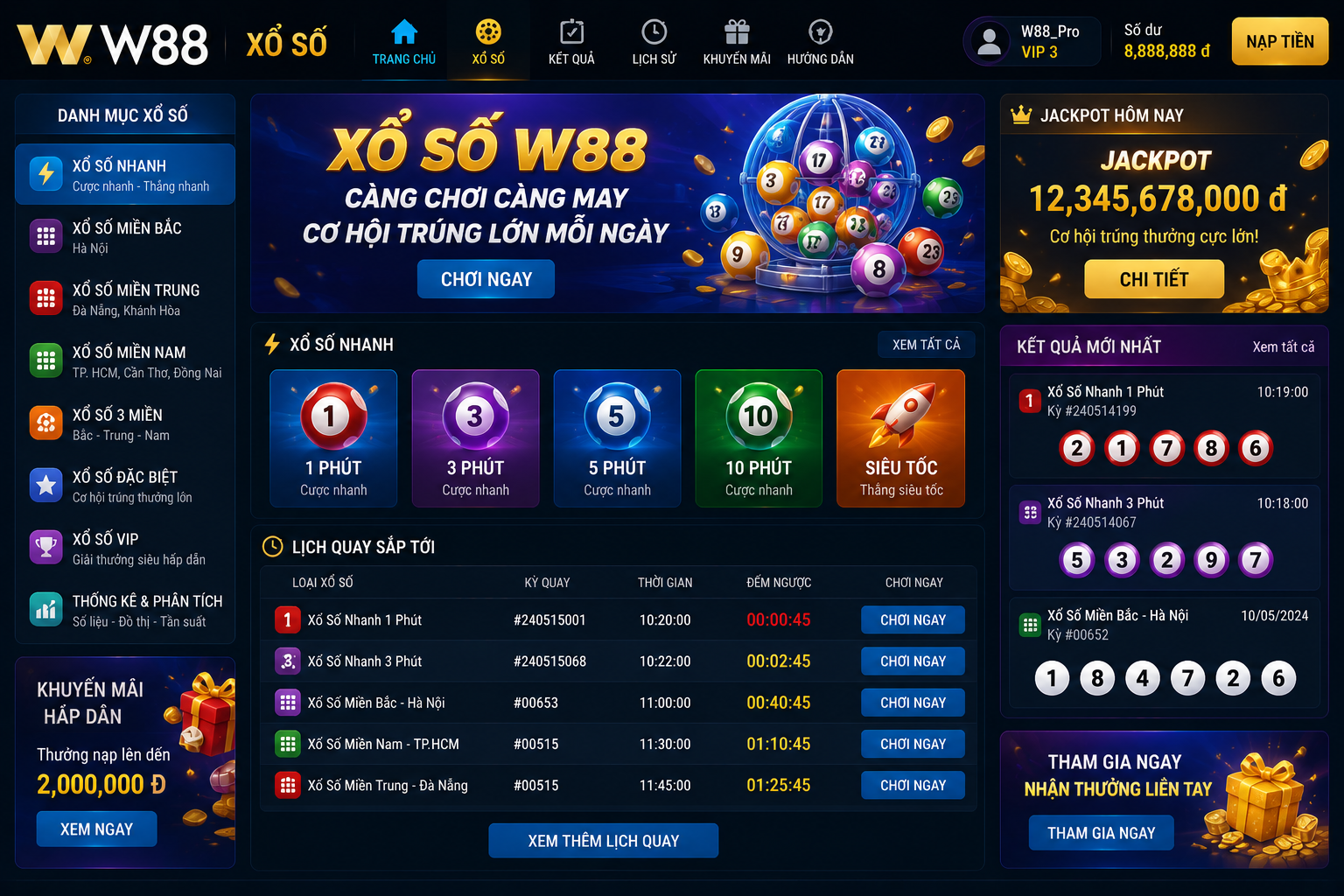 Giao diện chuyên mục xổ số W88 với các loại hình quay thưởng